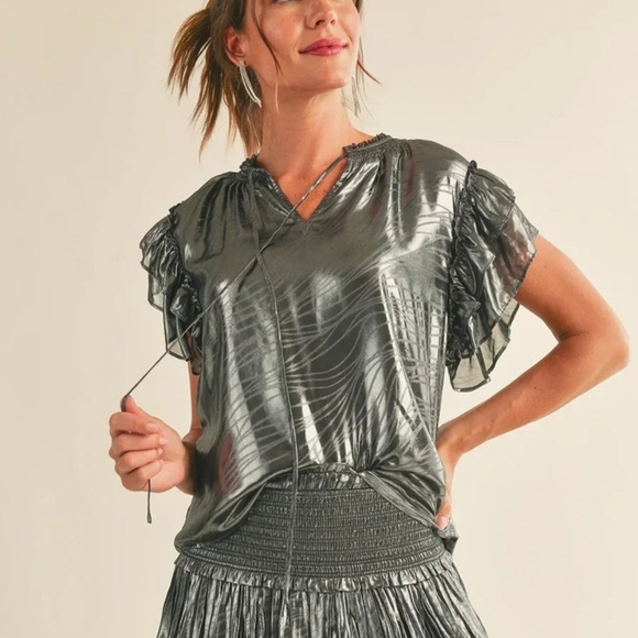 RESET by Jane Sasha Shine Blouse Flutter Sleeve Black Silver Metallic New - Picture 13 of 16
